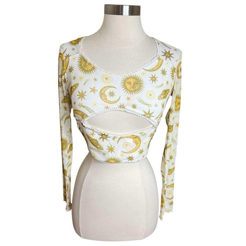 Dolls Kill Horoscopez Top Size Small White Yellow Mesh Cutout Stomach Suns Stars